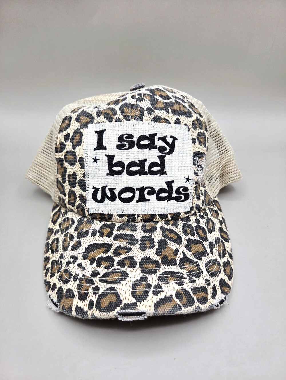 Leopard Print Distressed Ponytail Cap - "I Say Bad Words" Patch, NWOT